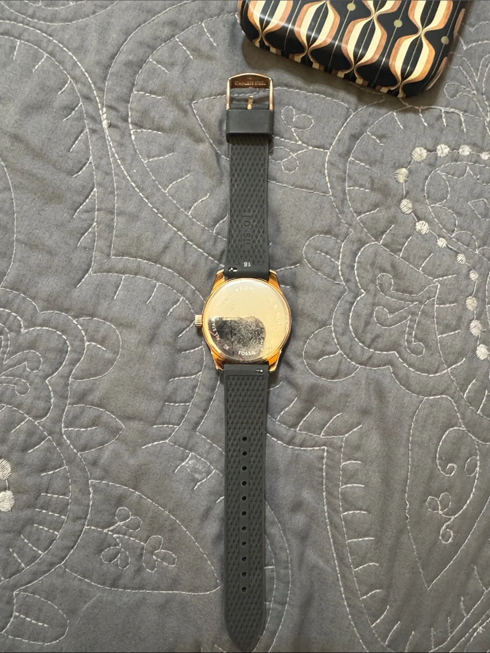 Fossil Men's Black Silicone Strap Watch with Rose Gold Bezel